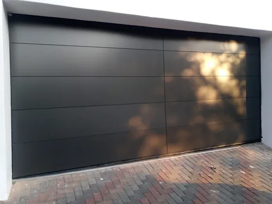 A black double garage door with broad horizontal panels and reflections of nearby trees.